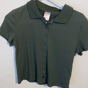 Girls size M, forest green, ribbed collared shirt.